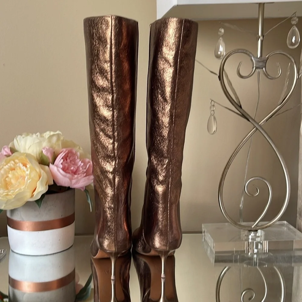 Zara Woman Metallic Kitten Heel Knee Boots Gold Bronze - Picture 4 of 15